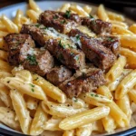 Cajun Steak Tips with Penne in Creamy Parmesan Cheese Sauce