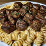 Creamy Garlic Butter Steak Bites with Spicy Cajun Alfredo Twisted Pasta