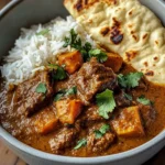 Slow-Cooked Beef in Creamy Coconut Curry with Rice and Garlic Naan
