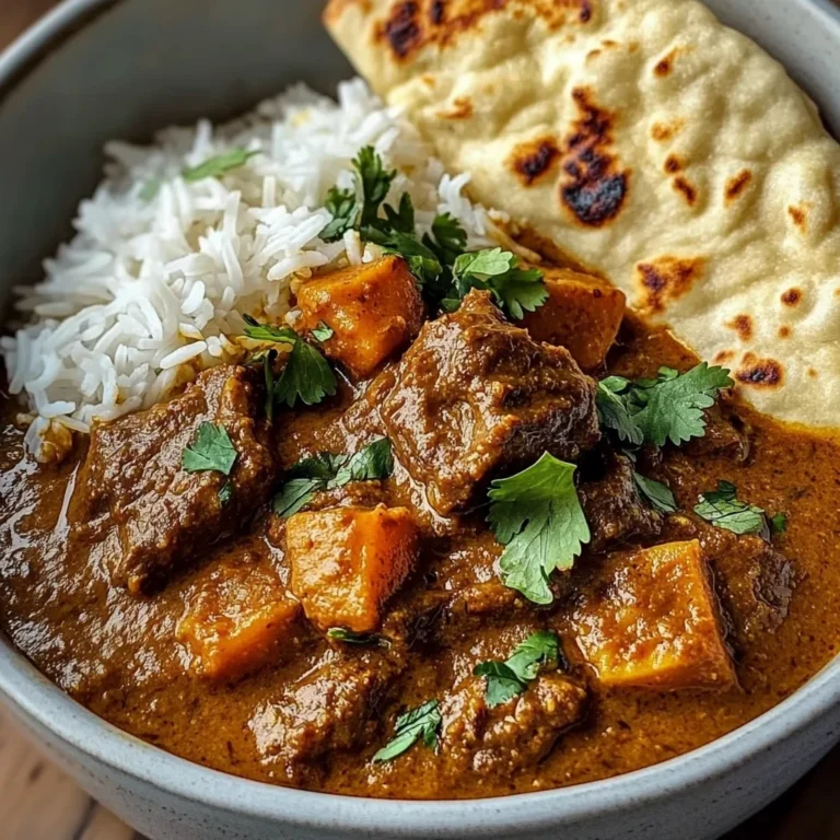 Slow-Cooked Beef in Creamy Coconut Curry with Rice and Garlic Naan